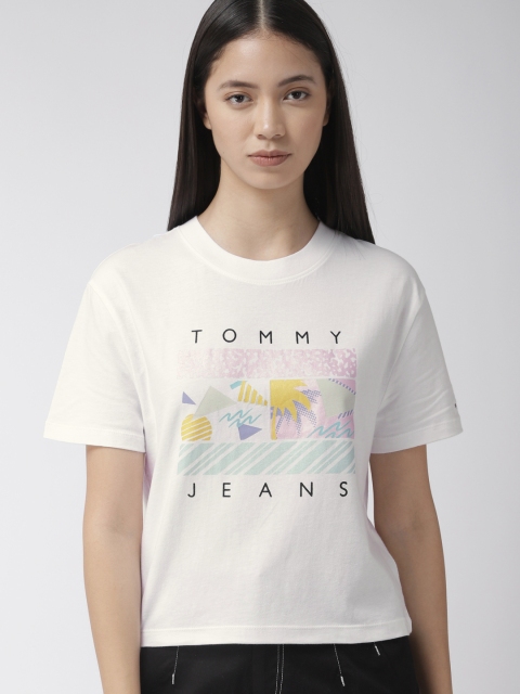 

Tommy Hilfiger Women White & Pink Printed Round Neck T-shirt