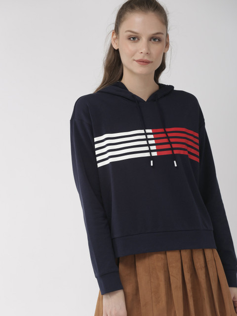

Tommy Hilfiger Women Navy Blue & Red Striped Hooded Lightweight Sweatshirt