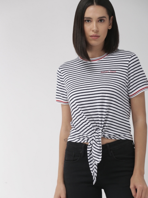 

Tommy Hilfiger Women White & Navy Blue Striped Round Neck T-shirt