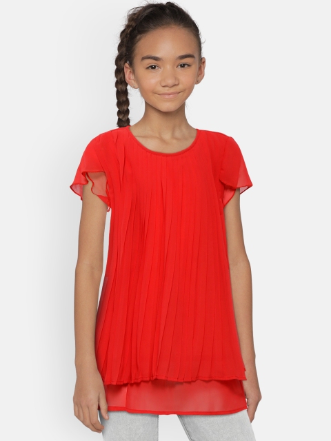 

Natilene Girls Red Solid Pleated Layered A-Line Top