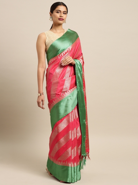 

Varkala Silk Sarees Coral Red & Green Silk Blend Striped Kanjeevaram Saree