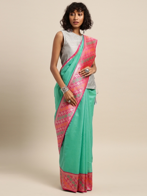 

Varkala Silk Sarees Green & Pink Cotton Blend Solid Banarasi Saree