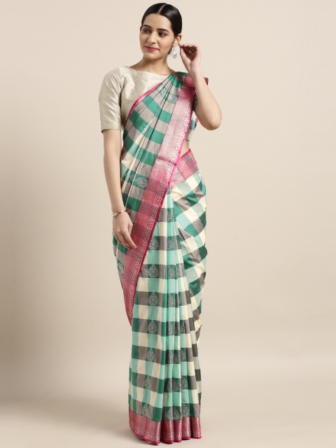 

Varkala Silk Sarees Green & White Silk Blend Checked Kanjeevaram Saree