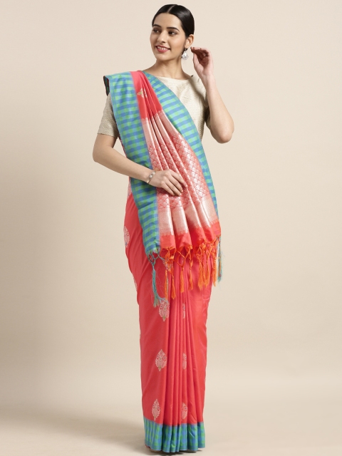 

Varkala Silk Sarees Coral & Green Silk Blend Woven Design Kanjeevaram Saree