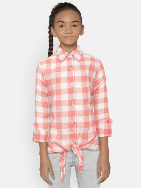 

Natilene Girls Coral Orange & White Regular Fit Checked Casual Shirt
