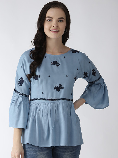

plusS Women Blue Floral Embroidered A-Line Top