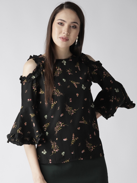 

plusS Women Black Floral Print Cold-Shoulder Top