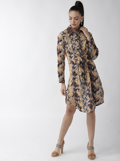 

plusS Women Mustard Yellow & Beige Snakeskin Print Shirt Dress