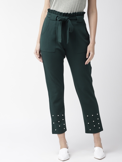 

plusS Women Green Regular Fit Embelished Detail Solid Regular Cropped Peg Trousers