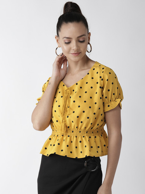 

plusS Women Mustard Yellow & Black Polka Dot Print Cinched Waist Top