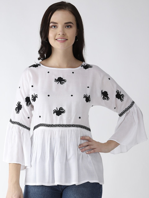 

plusS Women White & Black Floral Embroidered A-Line Top