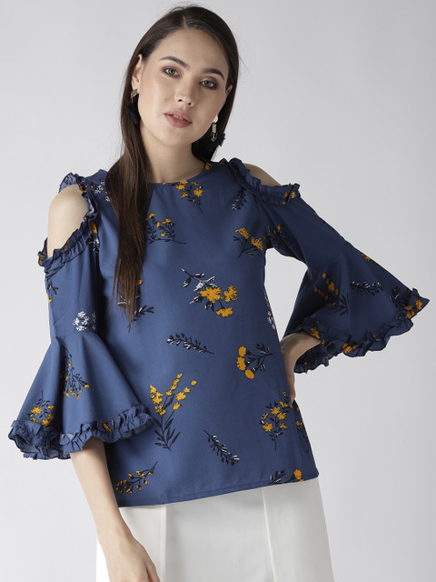 

plusS Women Blue Floral Print Cold-Shoulder Top