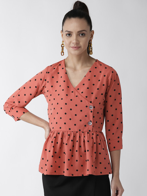 

plusS Women Rust Red & Black Polka Dot Print Wrap Top