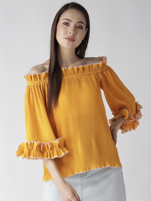 

plusS Women Mustard Yellow Accordian Pleat Accordion Pleat Bardot Top