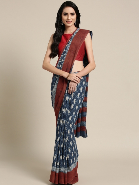 

Geroo Jaipur Navy Blue & White Pure Cotton Block Printed Bagru Saree