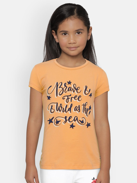 

Gini and Jony Girls Peach-Coloured & Navy Blue Printed Round Neck T-shirt