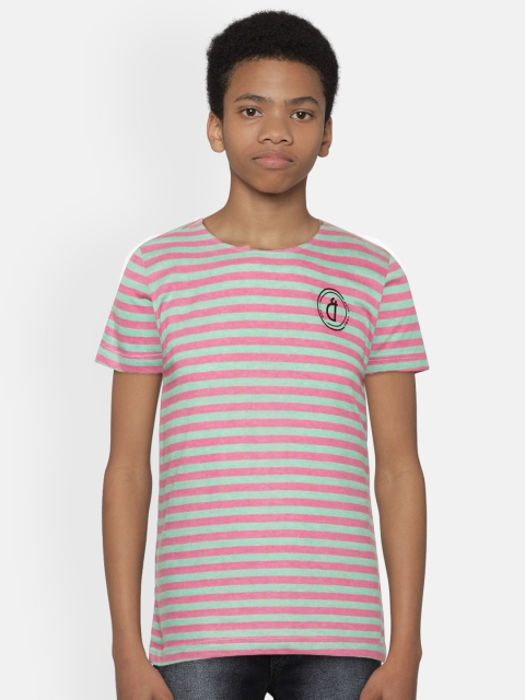 

Gini and Jony Boys Pink & Green Striped Pure Cotton Round Neck T-shirt