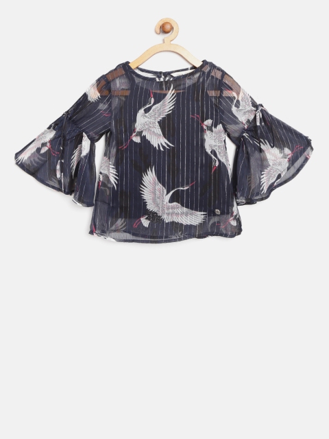 

Gini and Jony Girls Navy Blue & Off-White Semi-Sheer Striped Printed Top