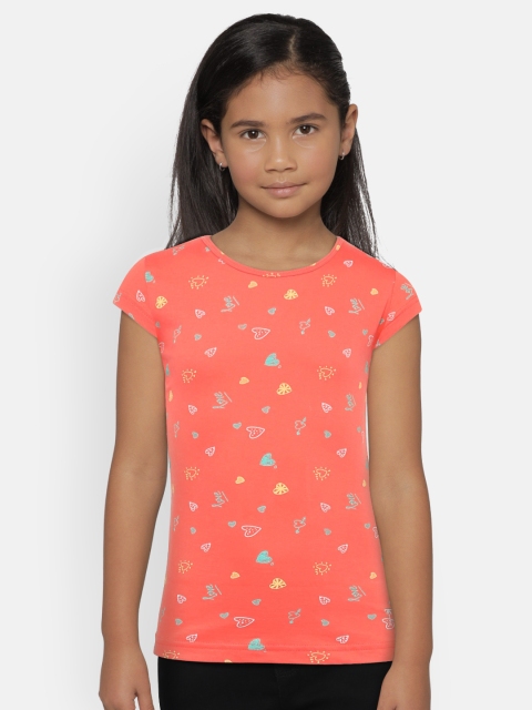

Palm Tree Girls Peach-Coloured Printed Round Neck Pure Cotton T-shirt