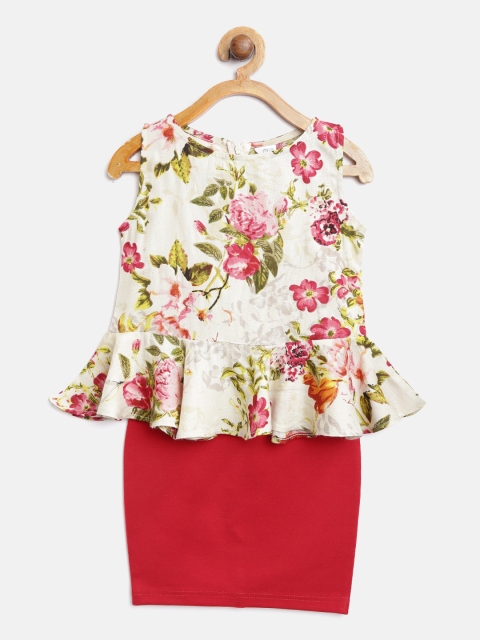 

AWW HUNNIE Girls Off-White & Red Printed Top with Solid Skirt