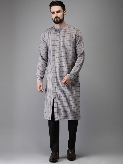 

Anouk Men Grey & Black Self Striped Pleated Straight Kurta with Pyjamas