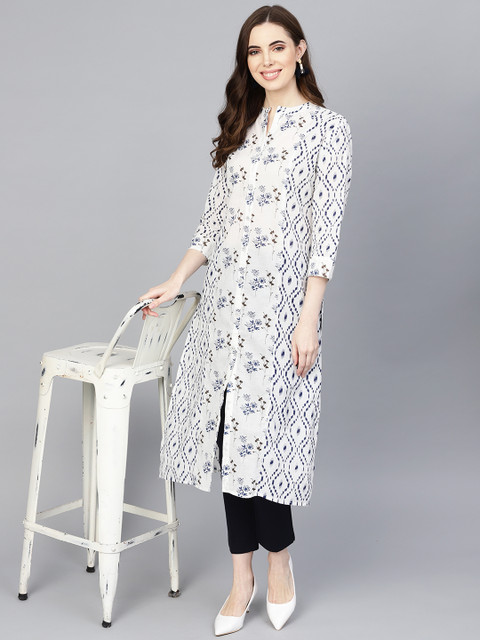 

Rangoli Jaipur Women White & Blue Printed Straight Kurta