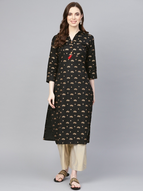 

Rangoli Jaipur Women Black & Golden Printed Straight Kurta