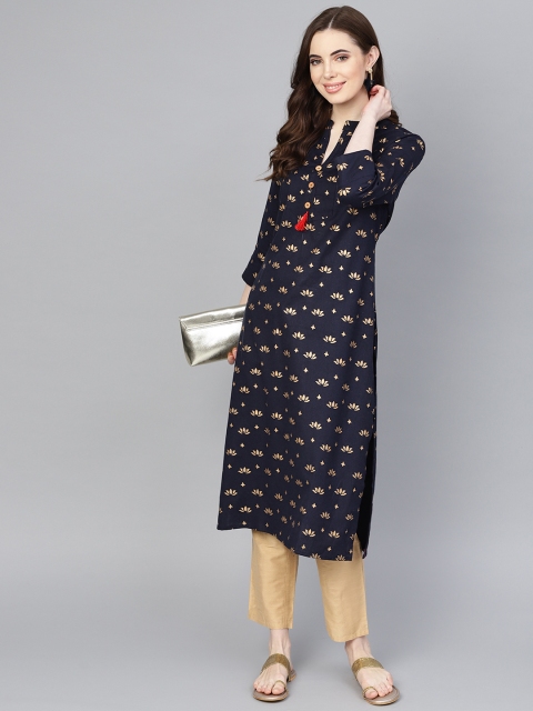 

Rangoli Jaipur Women Navy Blue & Golden Printed Straight Kurta