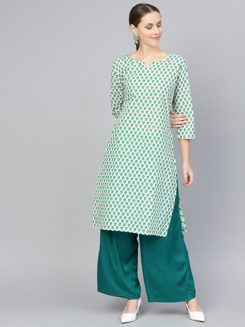 

Rangoli Jaipur Women Off-White & Green Printed Straight Kurta