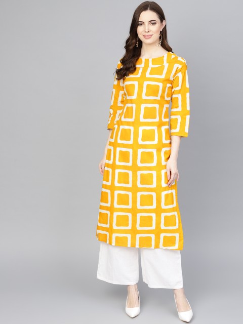 

Rangoli Jaipur Women Mustard Yellow & Off-White Printed Straight Kurta