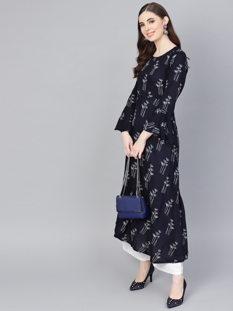 

Rangoli Jaipur Women Navy Blue & White Printed A-Line Kurta