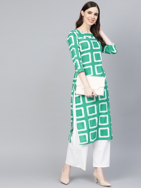 

Rangoli Jaipur Women Green & White Printed Straight Kurta