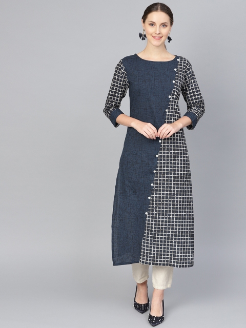 

Rangoli Jaipur Women Navy Blue & Off-White Checked Straight Kurta