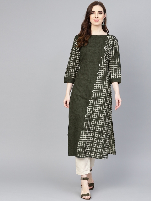 

Rangoli Jaipur Women Green & Cream-Coloured Checked Straight Kurta