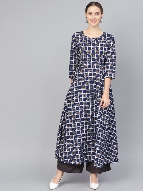 

Rangoli Jaipur Women Navy Blue & Grey Checked A-Line Kurta
