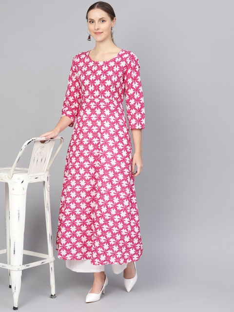 

Rangoli Jaipur Women White & Magenta Printed A-Line Kurta