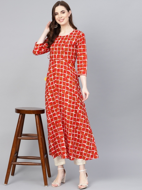 

Rangoli Jaipur Women Red & Mustard Brown Checked A-Line Kurta
