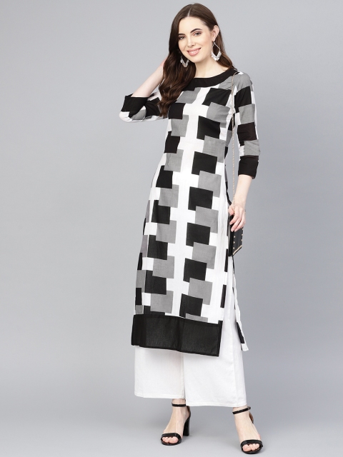 

Rangoli Jaipur Women White & Black Printed Straight Kurta