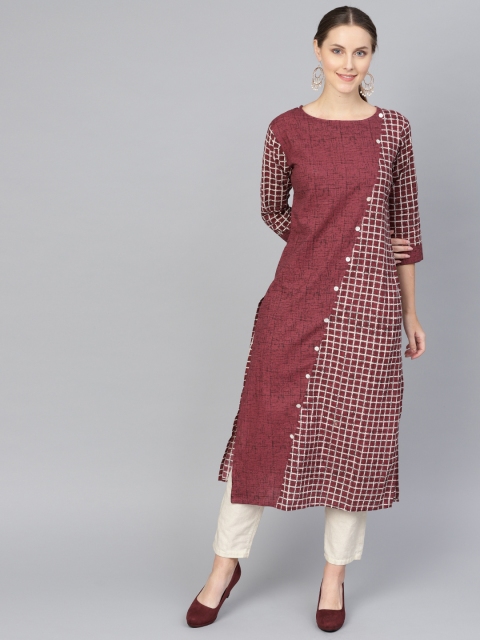 

Rangoli Jaipur Women Maroon & Off-White Checked Straight Kurta