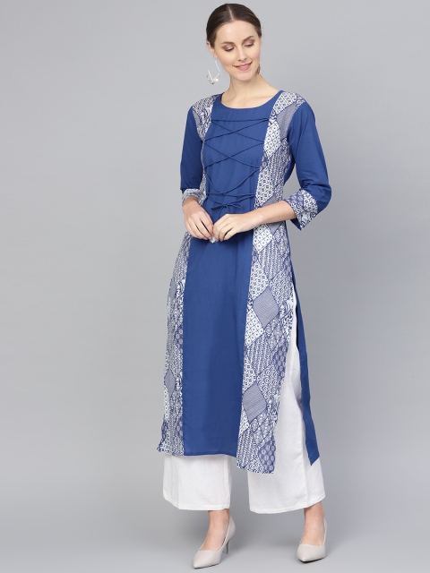 

Rangoli Jaipur Women Blue & White Printed Straight Kurta