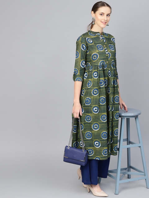 

Rangoli Jaipur Women Olive Green & Blue Printed A-Line Kurta