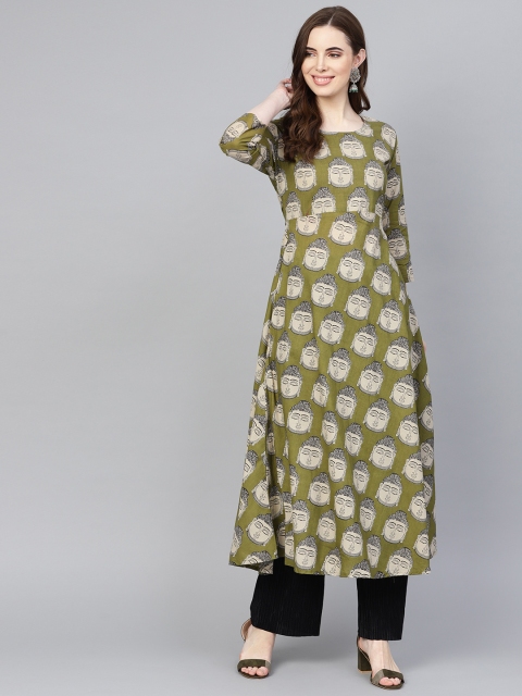 

Rangoli Jaipur Women Olive Green & Off-White Printed A-Line Kurta