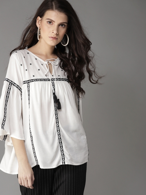 

Moda Rapido Women Off-White & Black Embellished A-Line Top