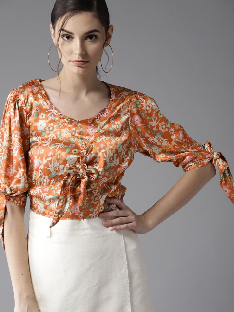 

Moda Rapido Women Orange Floral Print Crop Top With Satin Finish