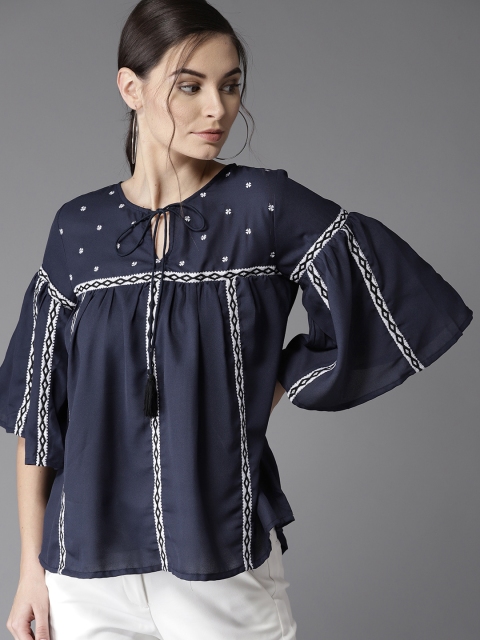 

Moda Rapido Women Navy Blue Embroidered A-Line Top