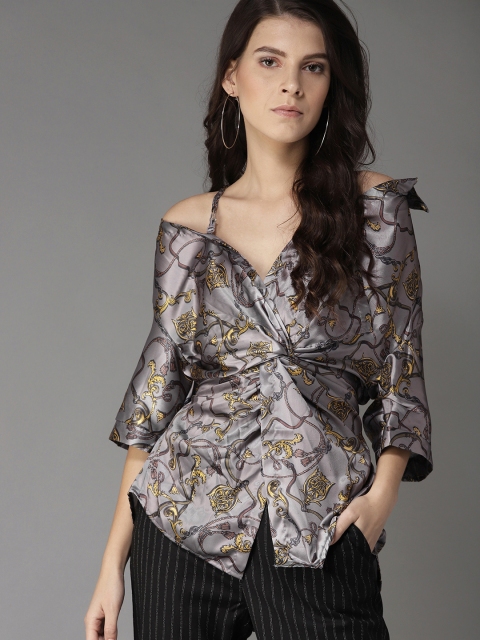 

Moda Rapido Women Charcoal Grey & Yellow Printed Cinched Waist Satin Finish Top