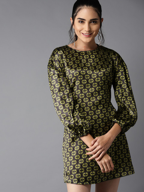 

Moda Rapido Women Charcoal Grey & Yellow Printed Mini A-Line Dress