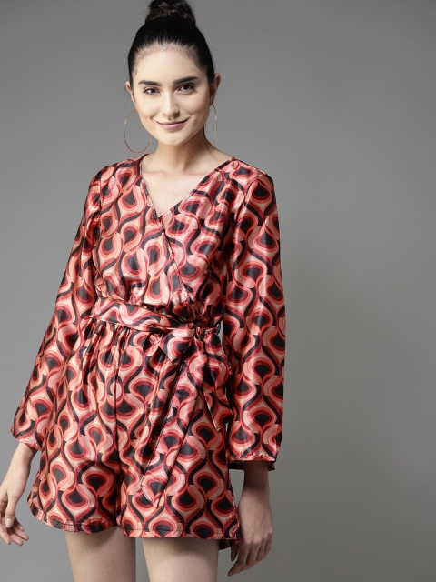 

Moda Rapido Women Peach & Black Printed Playsuit