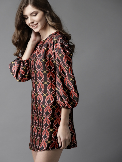 

Moda Rapido Women Black & Red Printed Satin Finish Mini A-Line Dress