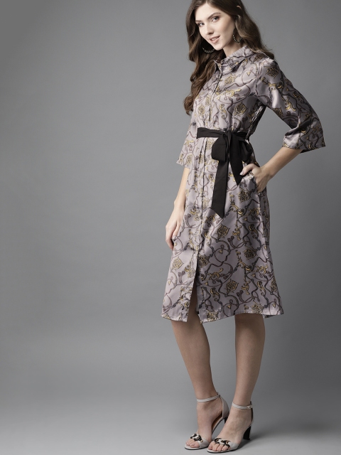 

Moda Rapido Women Grey & Yellow Printed Satin Finish Shirt Dress